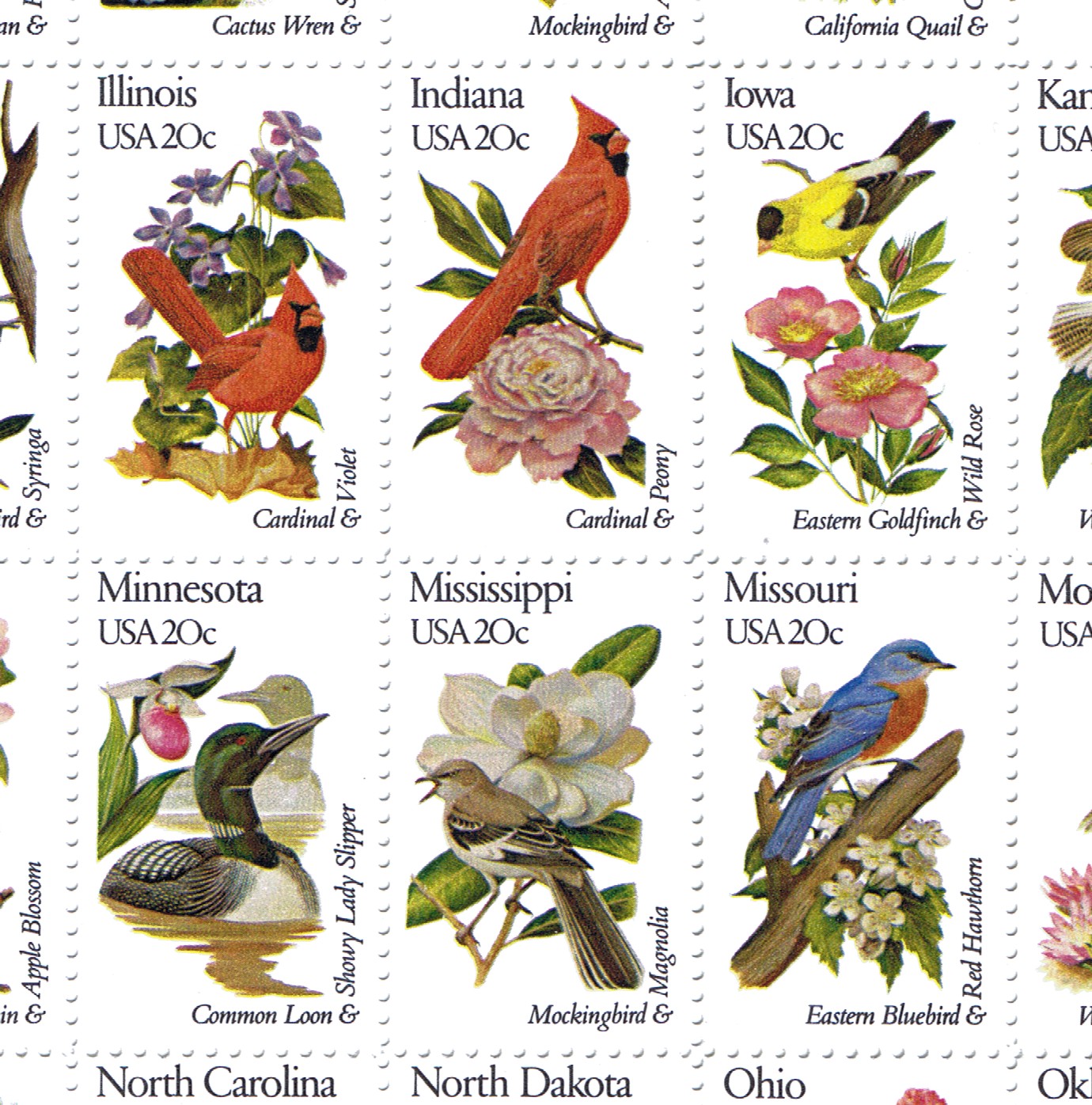 1982 US STATE BIRDS FLOWERS Postage Stamp Sheet FULLY MINT S1953 02 